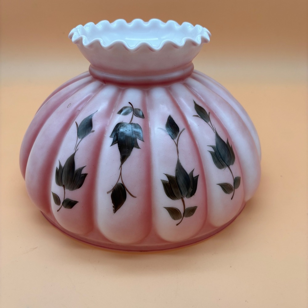 Vintage Pink Milk Glass Hurricane Lamp Shade Melon Ribbed Ruffled 7in Fitter